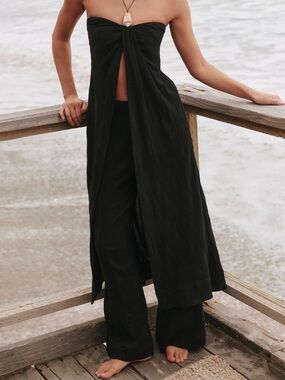Free People Black Strapless Split-Front Wide-Leg Jumpsuit